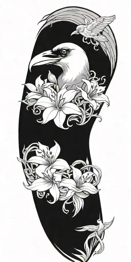raven, medusa, lilies, and ocean waves flowing tattoo design idea