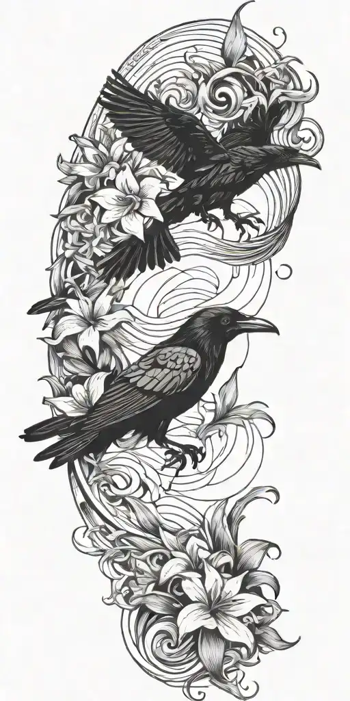 a raven flying and medusa's face staring with lilies crashing into ocean waves tattoo design idea