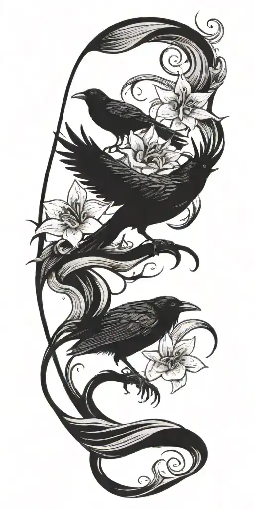 raven, medusa, lilies, and ocean waves  tattoo design idea