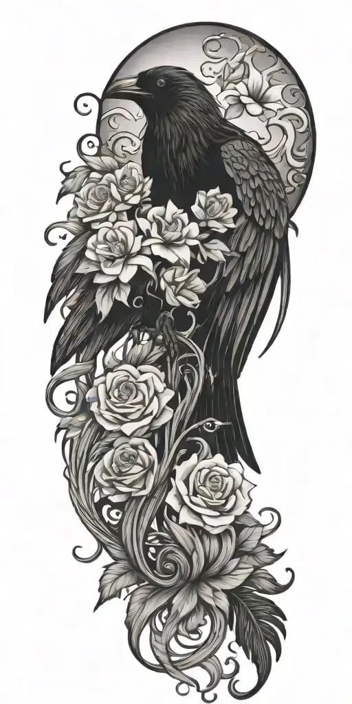 raven, medusa, flowers, waves, and feathers falling tattoo design idea