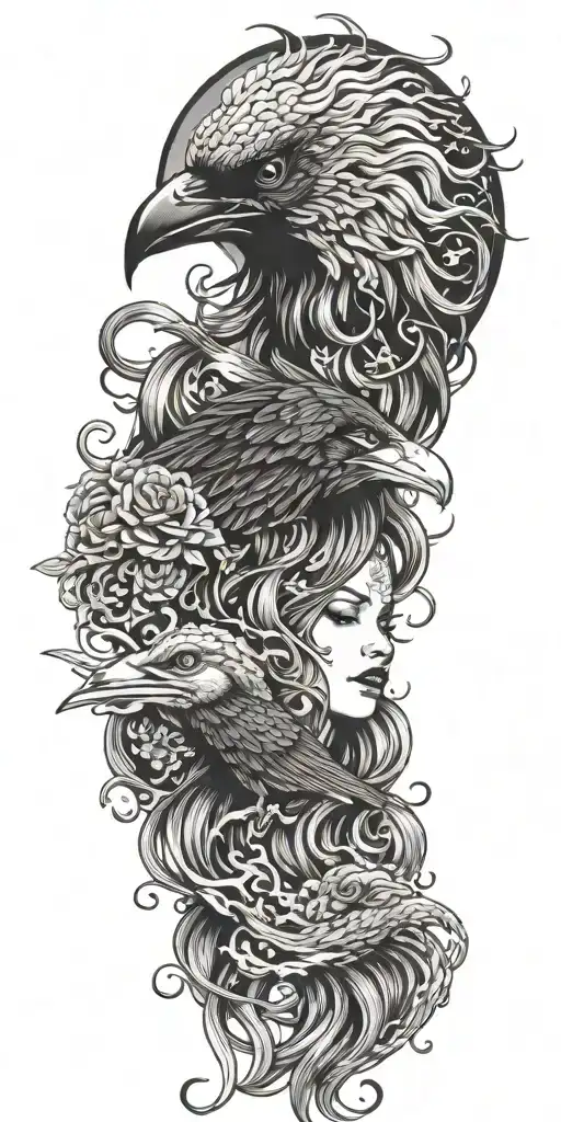 raven, medusa, lily, and waves crashing tattoo design idea