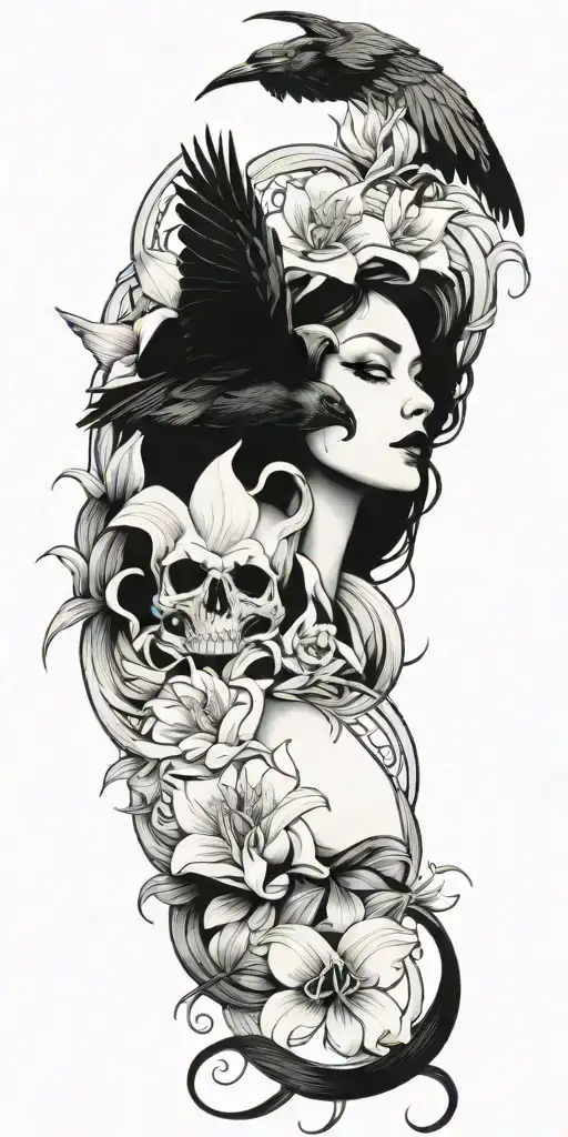 raven, medusa, lilies, and waves tattoo design idea