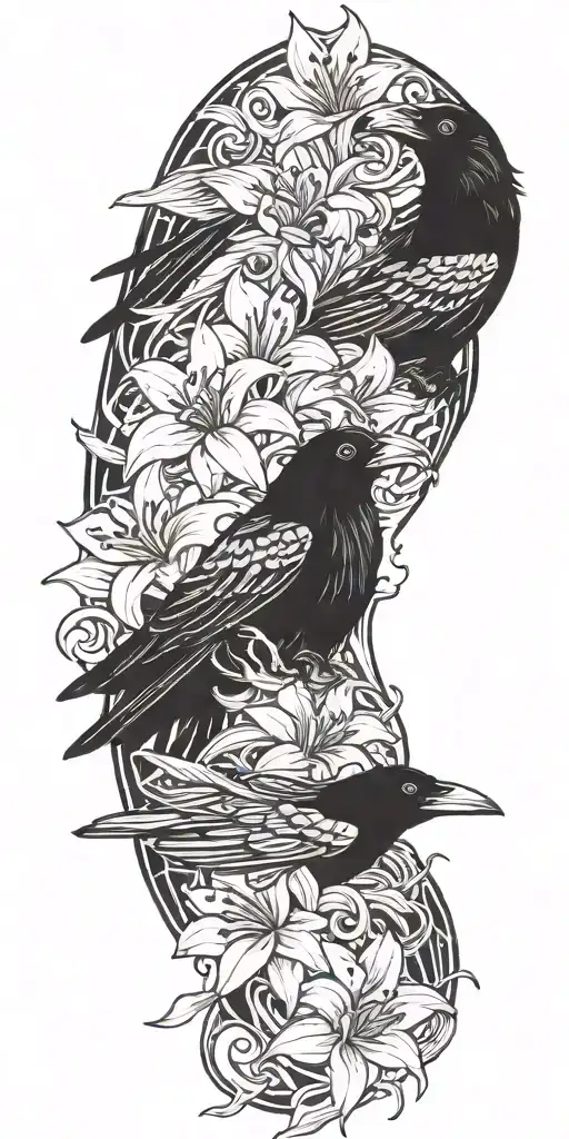 a raven flying and medusa's face staring with lilies crashing into 3 ocean waves tattoo design idea