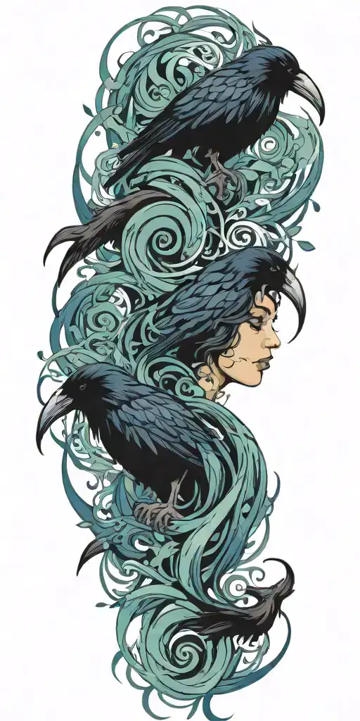 raven, medusa, lily, and waves tattoo design idea