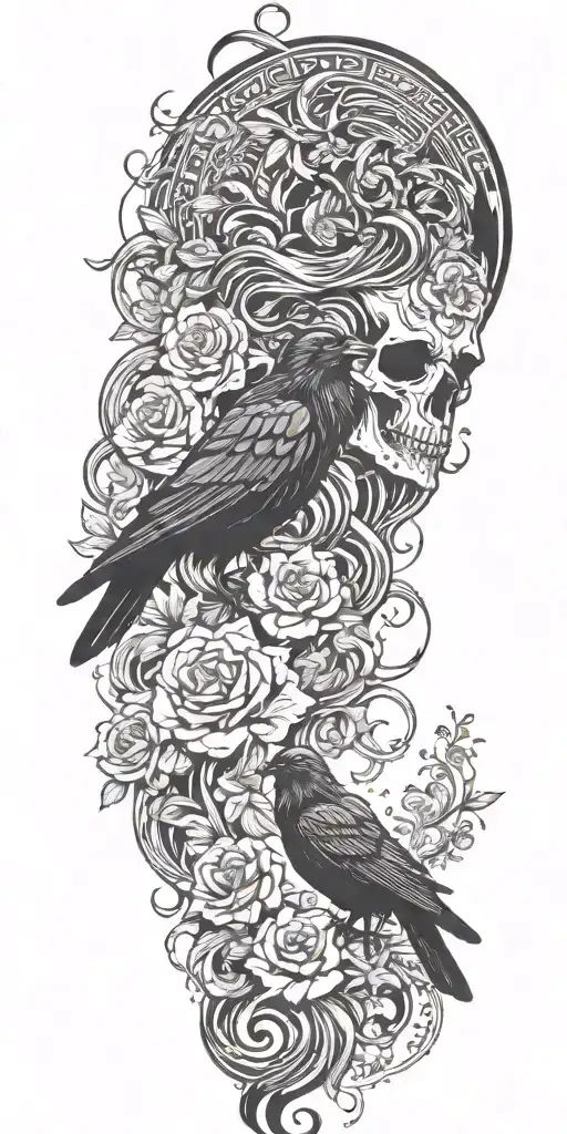 raven, medusa, flowers, waves, and feathers falling tattoo design idea