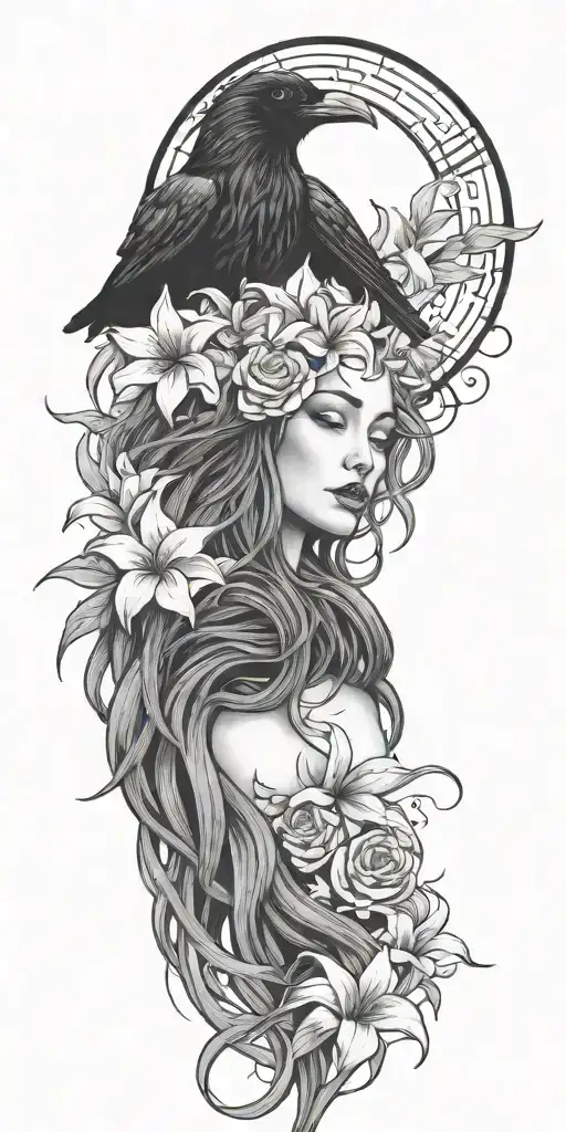 a raven flying and medusa's face staring with lilies crashing into 3 ocean waves tattoo design idea