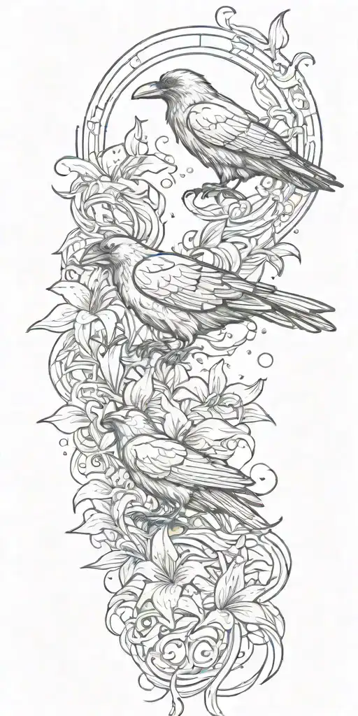 a raven flying and medusa's face staring with lilies crashing into 3 ocean waves tattoo design idea