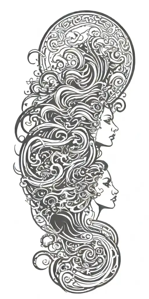 raven, medusa, lily, and waves crashing tattoo design idea