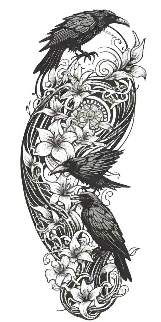 a raven and medusa watching as lilies float down ocean waves crashing  tattoo design idea