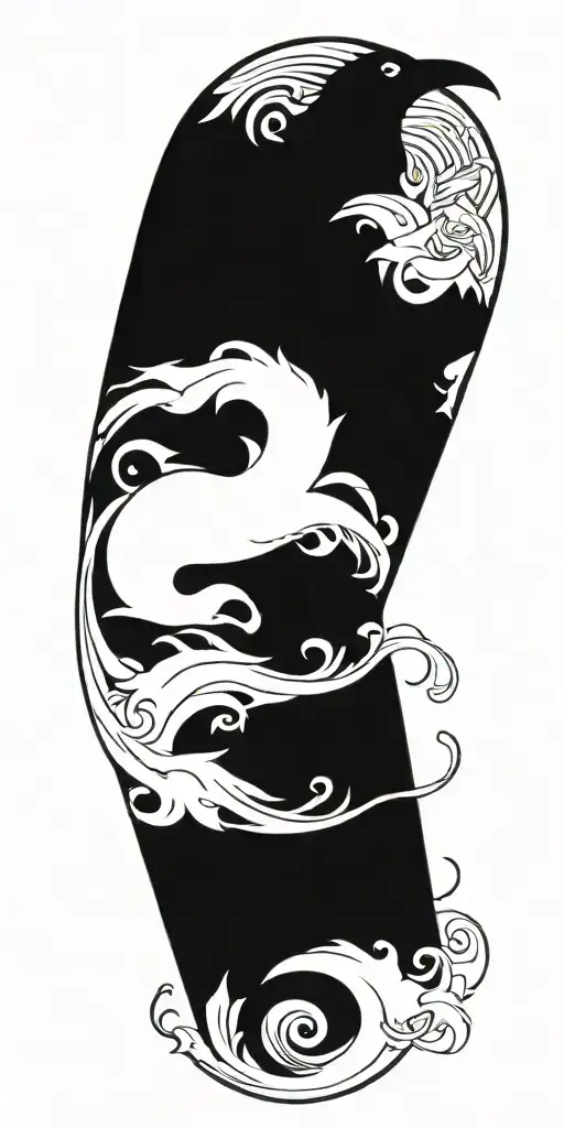 raven, medusa, lilies, and ocean waves flowing tattoo design idea