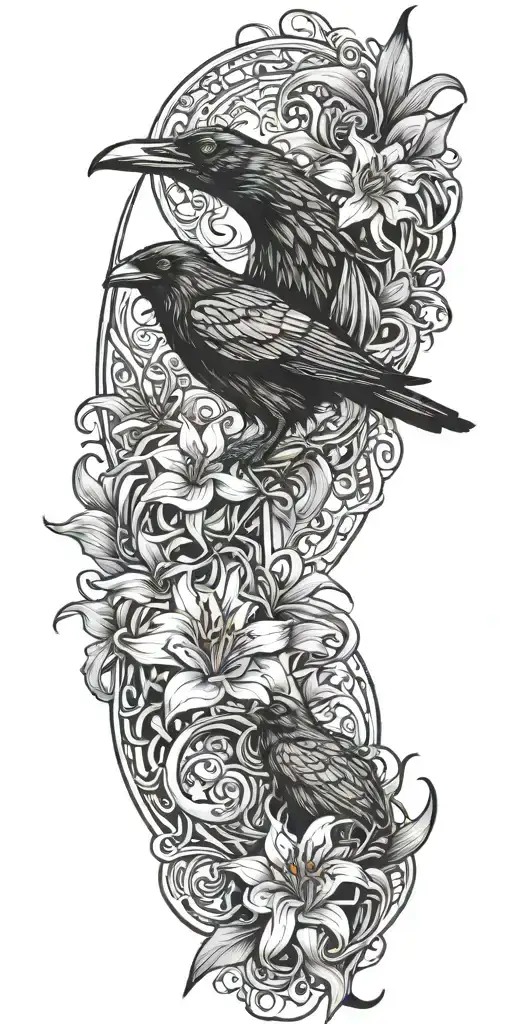 a raven flying and medusa's face staring with lilies crashing into 3 ocean waves tattoo design idea