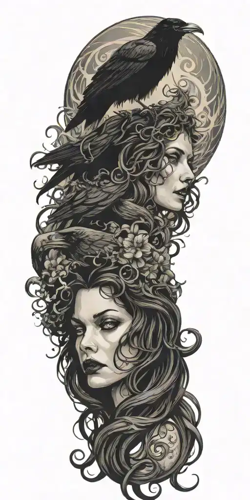 raven, medusa, lily, and waves tattoo design idea