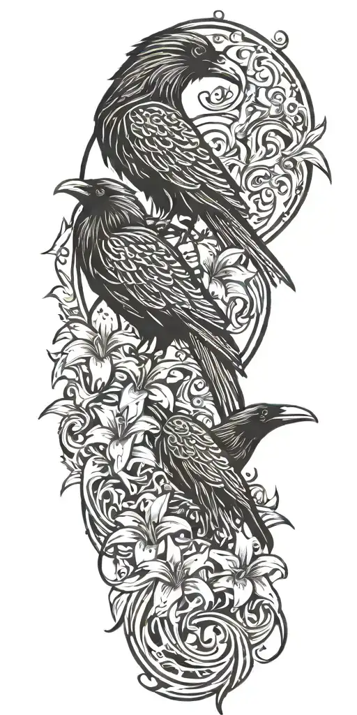 a raven and medusa watching as lilies float down ocean waves crashing  tattoo design idea