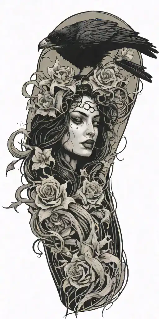 a raven flying and medusa's face staring with lilies crashing into 3 ocean waves tattoo design idea