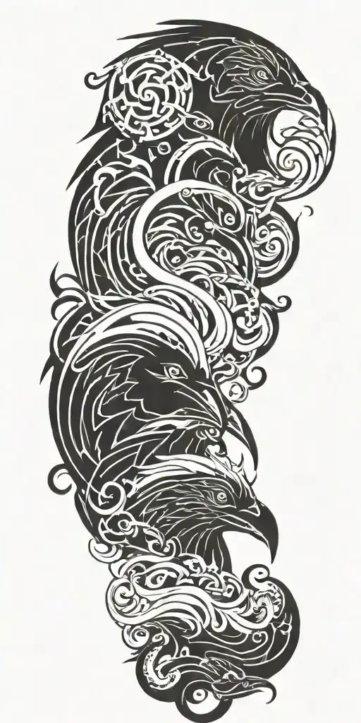 raven, medusa, lily, and waves crashing tattoo design idea
