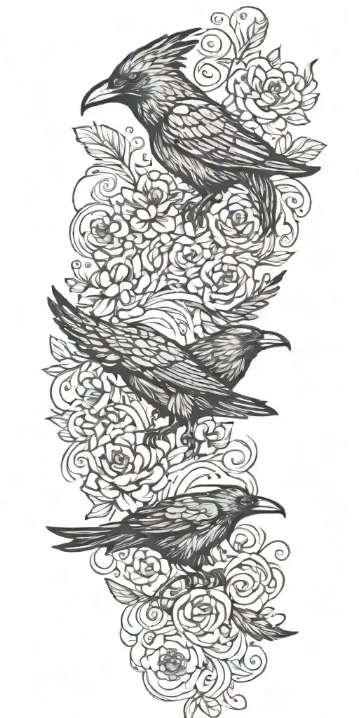 raven, medusa, flowers, waves, and feathers falling tattoo design idea