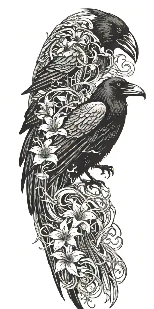 a raven perched and medusa's face watching as lilies float down ocean waves crashing  tattoo design idea