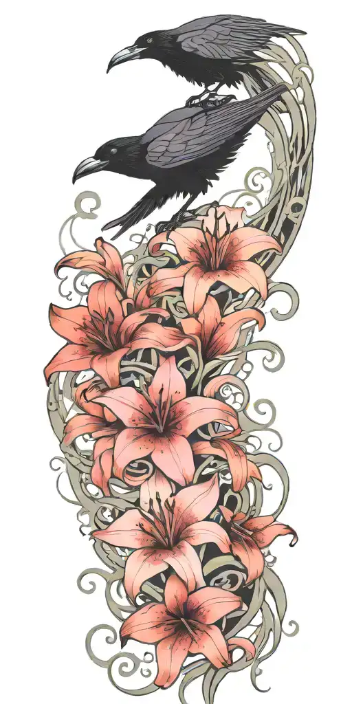 raven, medusa, lilies, and waves tattoo design idea