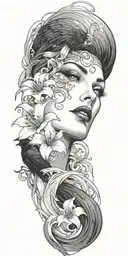 a raven flying and medusa's face staring with lilies crashing into 3 ocean waves tattoo design idea