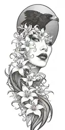 a raven flying and medusa's face staring with lilies crashing into 3 ocean waves tattoo design idea