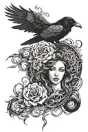 raven, medusa, flowers, feathers, waves crashing tattoo design idea