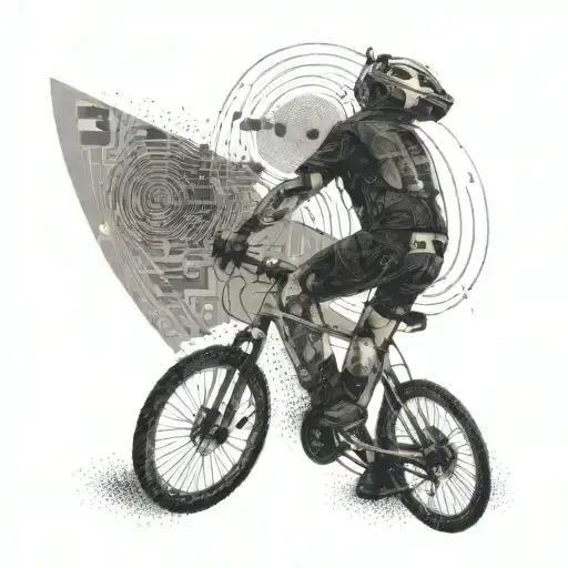 A cyclist riding through a virtual reality battlefield, with computer code swirling around them tattoo design idea