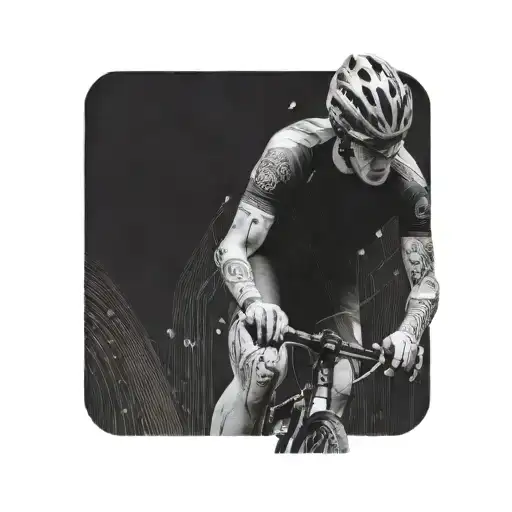 A cyclist riding through a virtual reality battlefield, with computer code swirling around them tattoo design idea