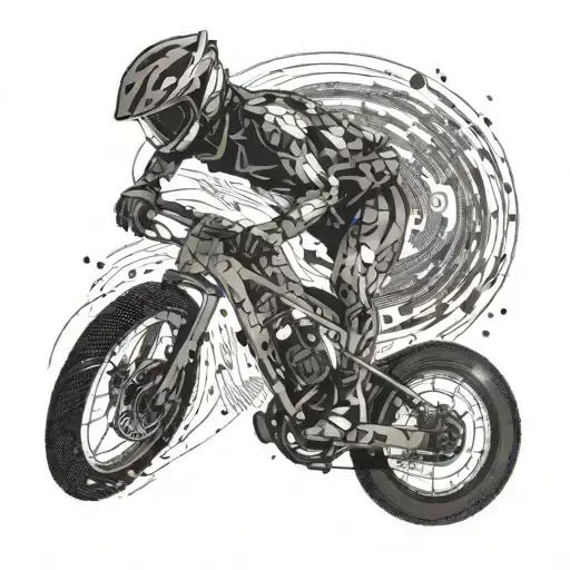 A cyclist riding through a virtual reality battlefield, with computer code swirling around them tattoo design idea