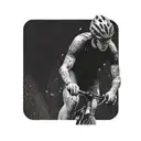 A cyclist riding through a virtual reality battlefield, with computer code swirling around them tattoo design idea