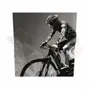 A cyclist riding through a virtual reality battlefield, with computer code swirling around them tattoo design idea