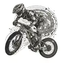 A cyclist riding through a virtual reality battlefield, with computer code swirling around them tattoo design idea