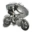 A cyclist riding through a virtual reality battlefield, with computer code swirling around them tattoo design idea