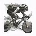 A cyclist riding through a virtual reality battlefield, with computer code swirling around them tattoo design idea