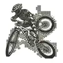 A cyclist riding through a virtual reality battlefield, with computer code swirling around them tattoo design idea