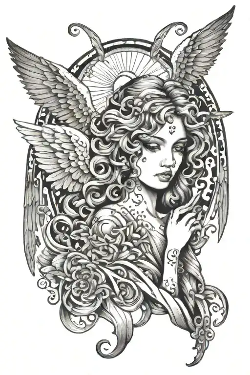 angel with a lot of eyes and with word "angel" on it. be creative and unique tattoo design idea