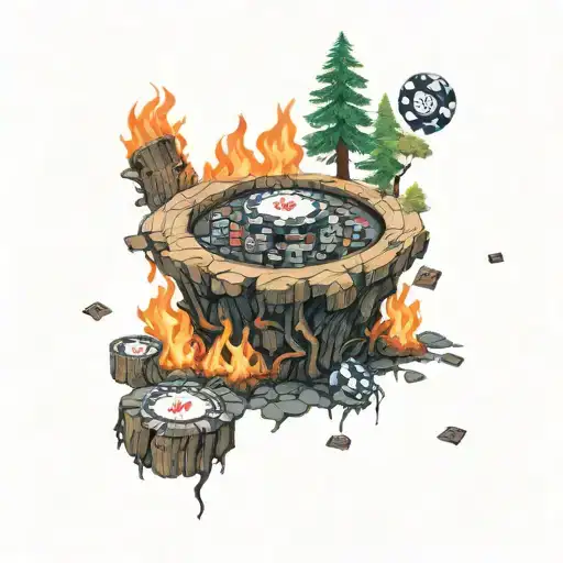 poker chips scattered disc golf basket tree stump forest fire tattoo design idea