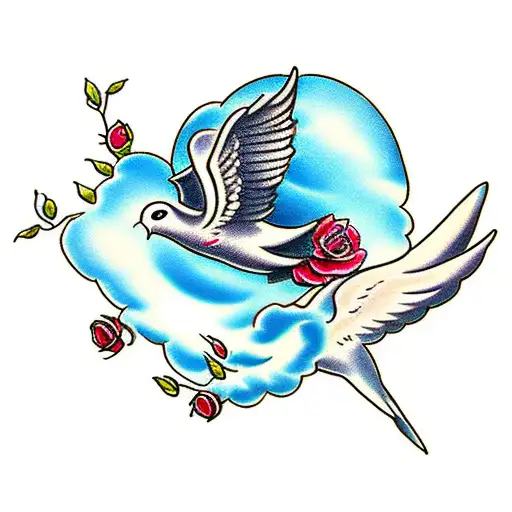 dove with roses and clouds tattoo design idea