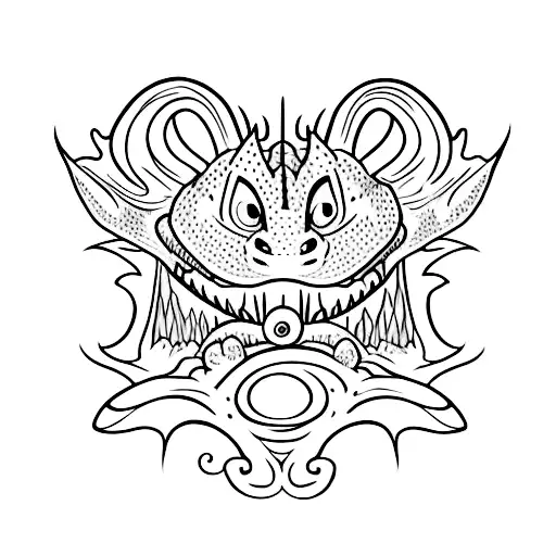 A minimalist tattoo of Toothless, the dragon from 'How to Train Your Dragon', with the phrase 'Como Treinar Seu Dragao Filme' written beneath it. tattoo design idea