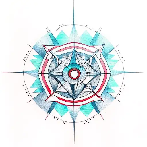 diamond-shaped mountain and full moon reflected in water compass red-highlights  tattoo design idea