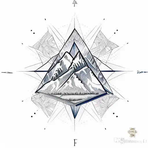diamond-shaped mountain and full moon reflected in water compass red-highlights  tattoo design idea