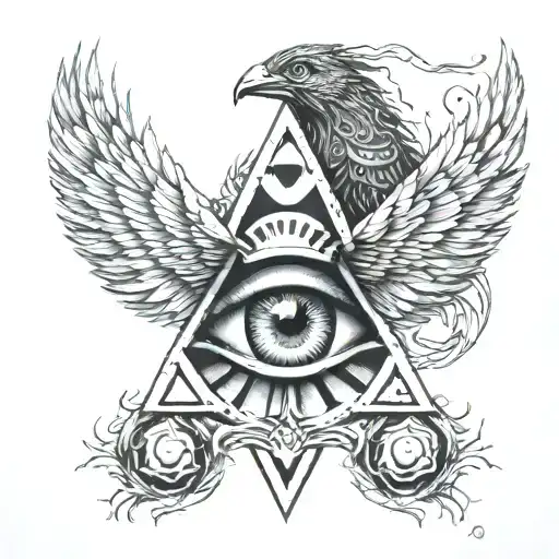 all seeing eye , ankh symbol, and a phoenix rising from the ashes tattoo design idea