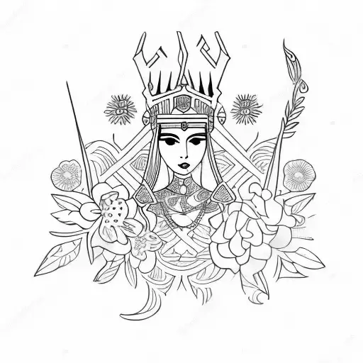 Create a tattoo of a powerful female ruler (Melike) surrounded by delicate flowers (cicek) tattoo design idea