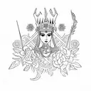 Create a tattoo of a powerful female ruler (Melike) surrounded by delicate flowers (cicek) tattoo design idea