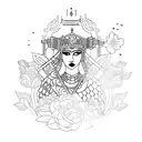Create a tattoo of a powerful female ruler (Melike) surrounded by delicate flowers (cicek) tattoo design idea