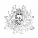 Create a tattoo of a powerful female ruler (Melike) surrounded by delicate flowers (cicek) tattoo design idea