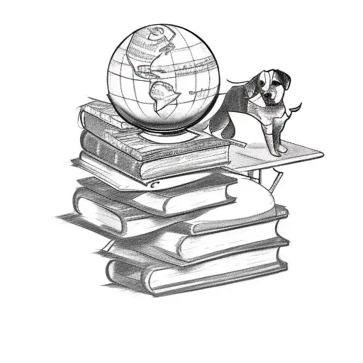 A sketch style tattoo of a vintage HR manager's desk with a globe, a stack of books, and a dog lying by the chair, representing your occupation and favorite animal tattoo design idea