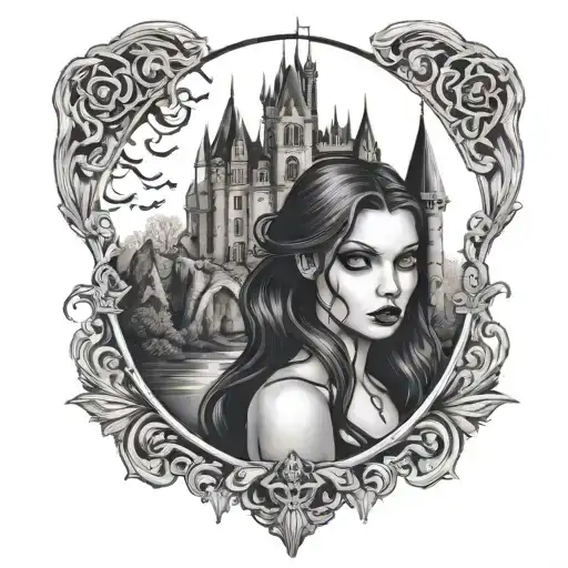 vampire girl with castle in background black tattoo design idea