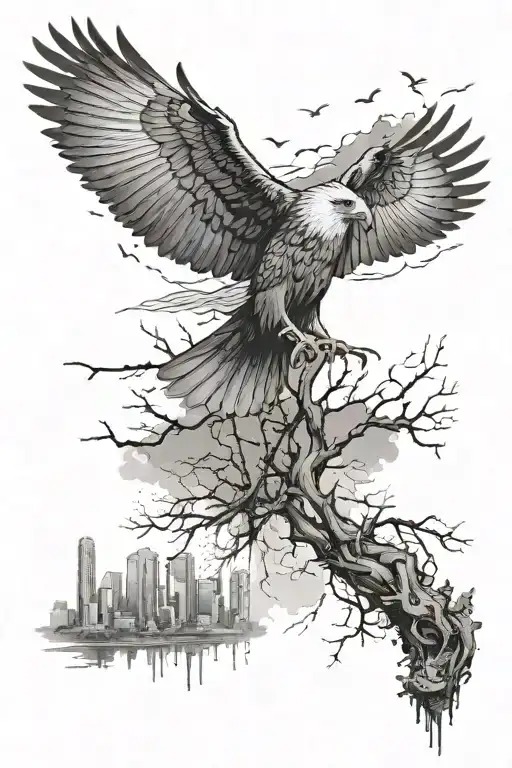 A surreal scene of a Caracara plancus bird flying over a polluted cityscape, with wilted trees and toxic waste, highlighting the importance of nature preservation tattoo design idea