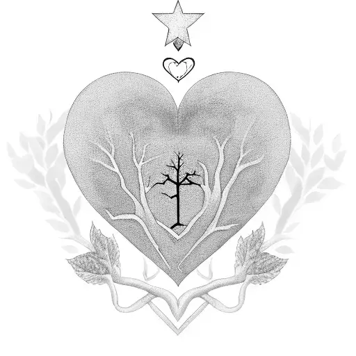 A black-grey tattoo design showcasing a heart-shaped family tree, with each branch representing a different member of the client's family, emphasizing their strong bond and dedication to family values. tattoo design idea