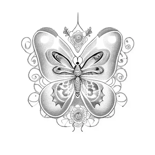 A stylish blackwork tattoo featuring a family tree composed of intricate butterfly silhouettes, symbolizing the client's love for their family and their dedication to wellness. tattoo design idea